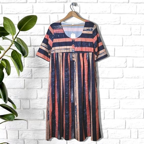 NWT Striped Brushed Babydoll Cropped Sleeve Midi Dress w/ Pockets - Picture 3 of 6